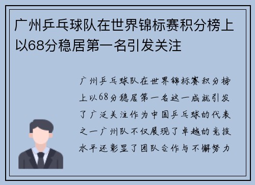 广州乒乓球队在世界锦标赛积分榜上以68分稳居第一名引发关注