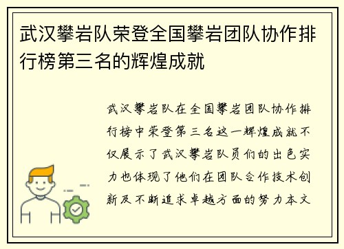 武汉攀岩队荣登全国攀岩团队协作排行榜第三名的辉煌成就