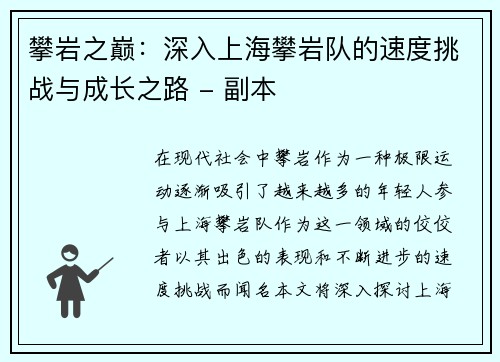 攀岩之巅：深入上海攀岩队的速度挑战与成长之路 - 副本