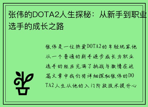 张伟的DOTA2人生探秘：从新手到职业选手的成长之路